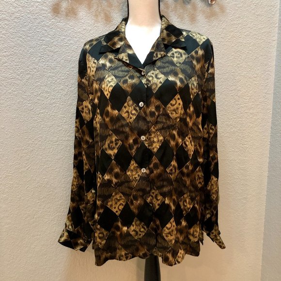 Funky 90s Animal Print Silk Blouse - Size‎ Women's XL - Picture 1 of 8